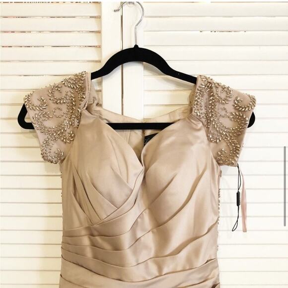 NWOT La Femme Off the Shoulder Beaded Satin Trumpet Gown in Champagne - Picture 5 of 11